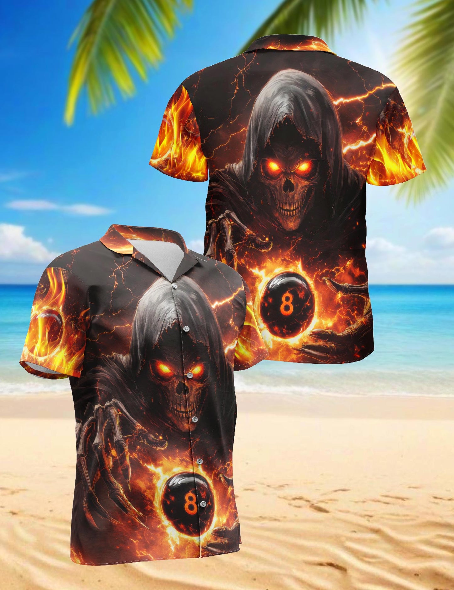Netecom Flaming Skull 8 Ball Hawaiian Shirt for Men, Dark Pool Style, Button Down Summer Beach Short Sleeve, S-5XL
