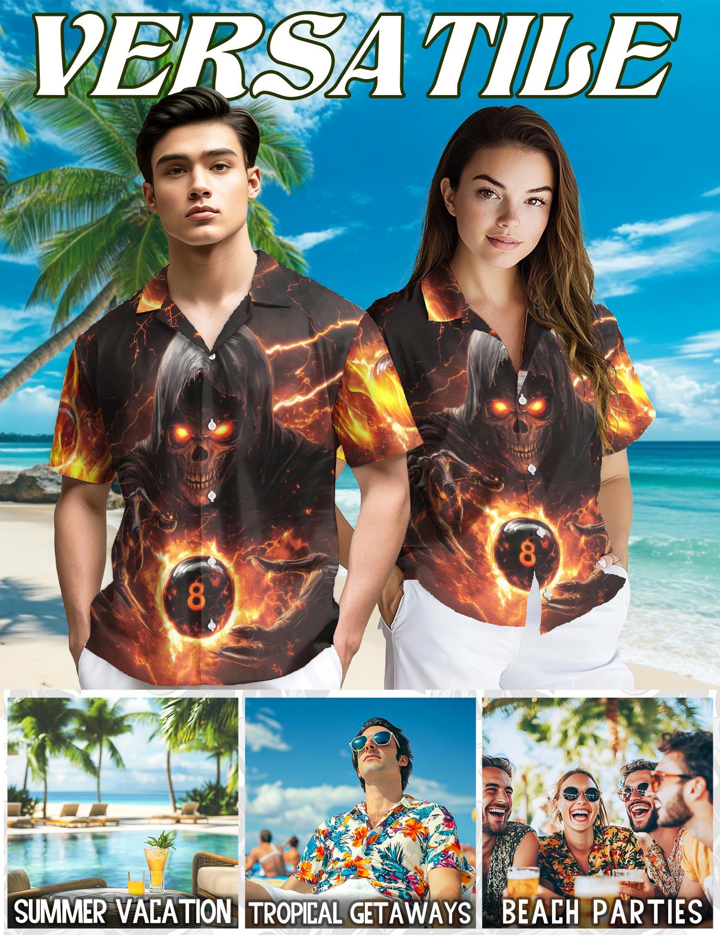 Netecom Flaming Skull 8 Ball Hawaiian Shirt for Men, Dark Pool Style, Button Down Summer Beach Short Sleeve, S-5XL