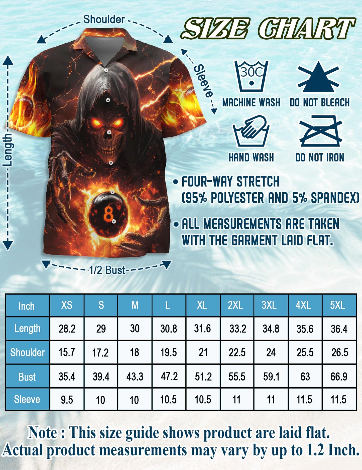 Netecom Flaming Skull 8 Ball Hawaiian Shirt for Men, Dark Pool Style, Button Down Summer Beach Short Sleeve, S-5XL
