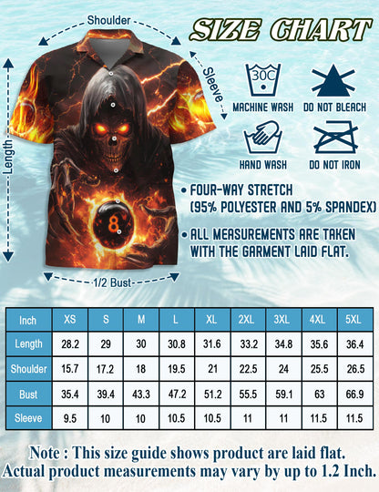 Netecom Flaming Skull 8 Ball Hawaiian Shirt for Men, Dark Pool Style, Button Down Summer Beach Short Sleeve, S-5XL