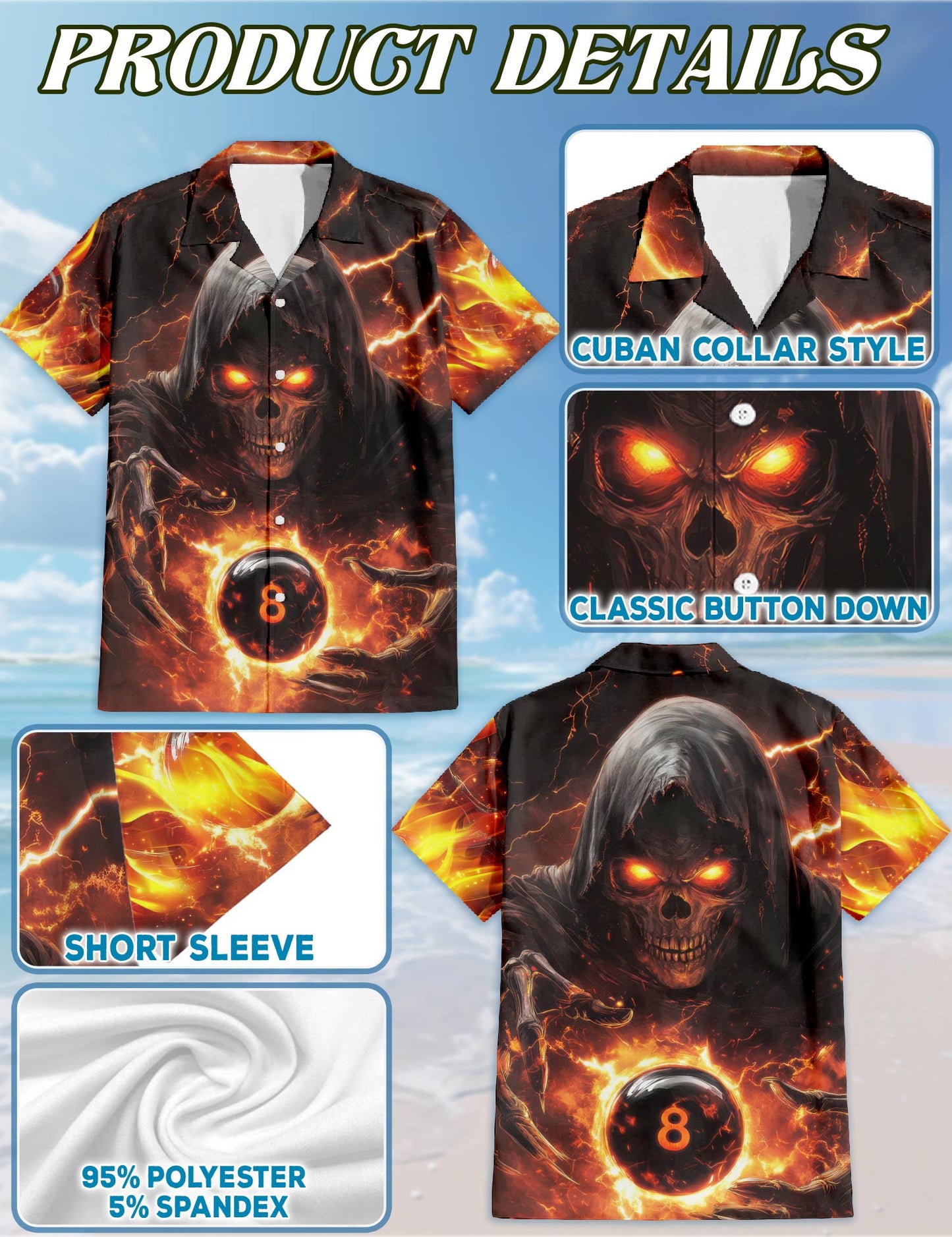 Netecom Flaming Skull 8 Ball Hawaiian Shirt for Men, Dark Pool Style, Button Down Summer Beach Short Sleeve, S-5XL