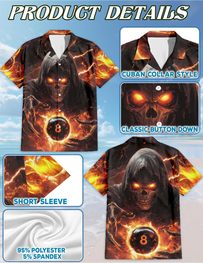 Netecom Flaming Skull 8 Ball Hawaiian Shirt for Men, Dark Pool Style, Button Down Summer Beach Short Sleeve, S-5XL
