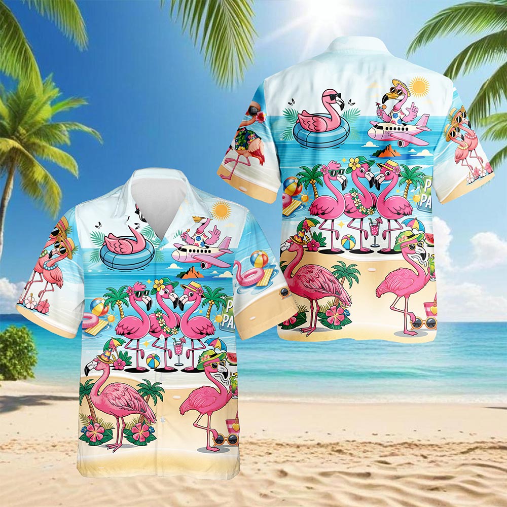 Netecom Flamingo Cocktails Hawaiian Shirt for Men, Flamingo Lover Gifts, Tropical Button Down Summer Beach Shirts, S-5XL