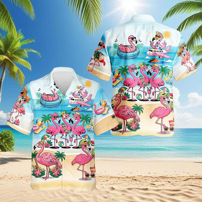 Netecom Flamingo Cocktails Hawaiian Shirt for Men, Flamingo Lover Gifts, Tropical Button Down Summer Beach Shirts, S-5XL