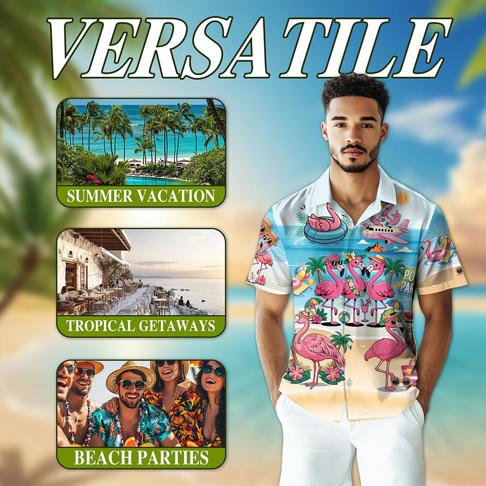 Netecom Flamingo Cocktails Hawaiian Shirt for Men, Flamingo Lover Gifts, Tropical Button Down Summer Beach Shirts, S-5XL