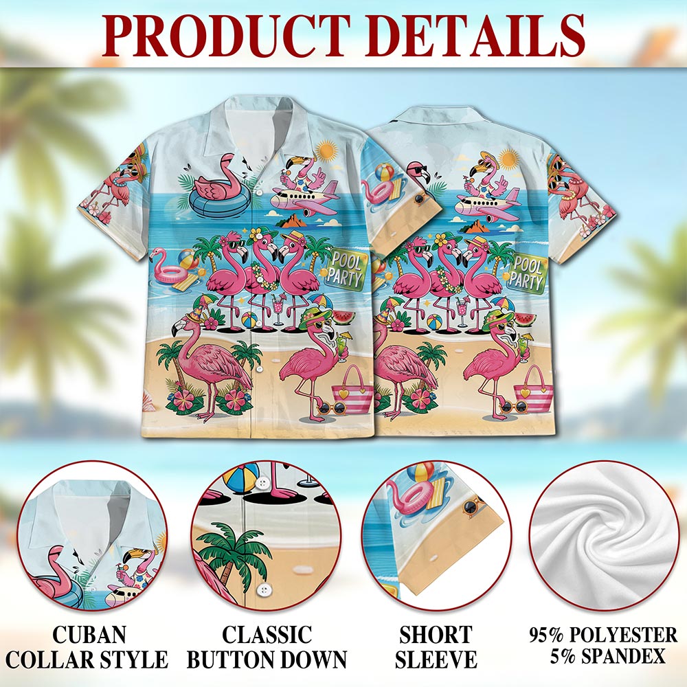 Netecom Flamingo Cocktails Hawaiian Shirt for Men, Flamingo Lover Gifts, Tropical Button Down Summer Beach Shirts, S-5XL