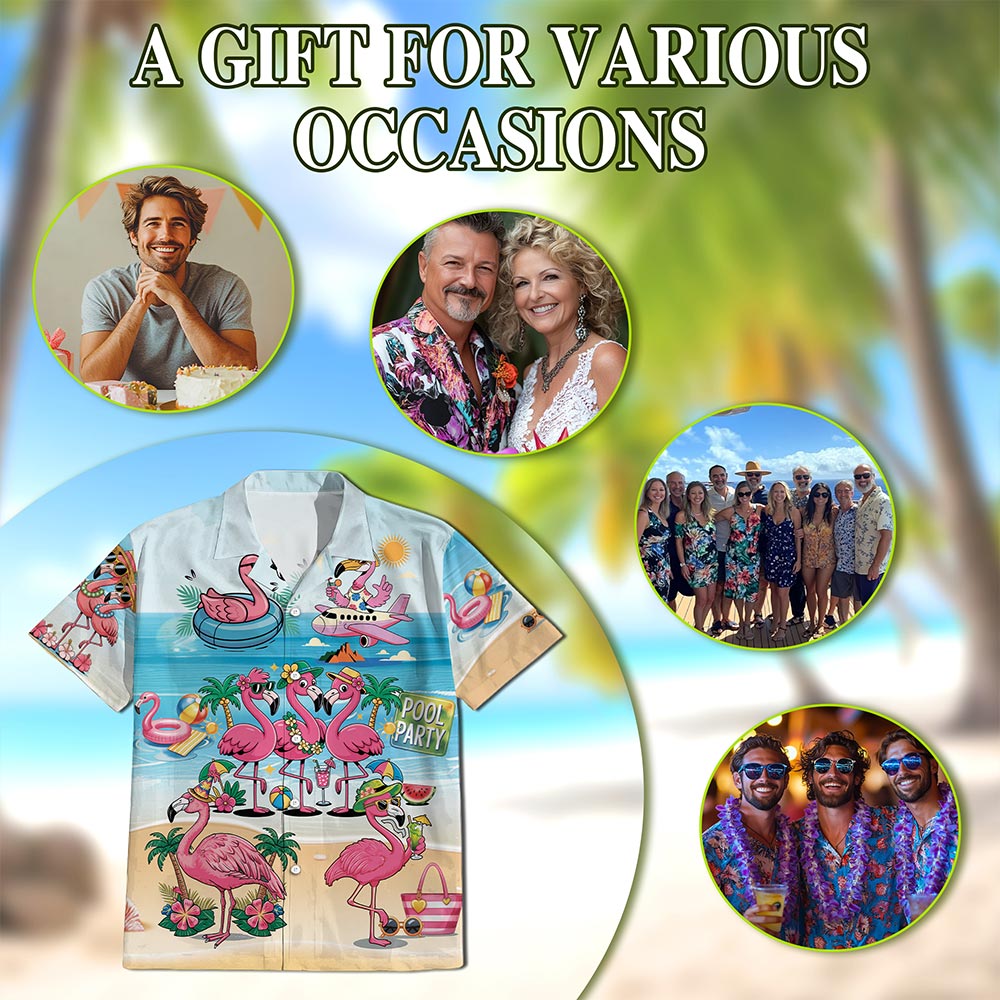Netecom Flamingo Cocktails Hawaiian Shirt for Men, Flamingo Lover Gifts, Tropical Button Down Summer Beach Shirts, S-5XL
