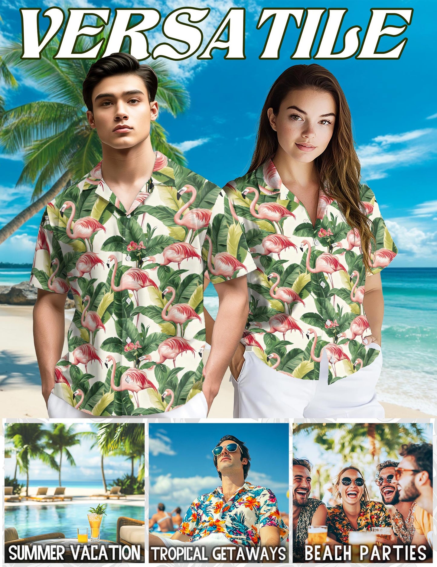 Netecom Flamingo Hawaiian Shirt for Men, Tropical Style, Button Down Summer Beach Short Sleeve, S-5XL