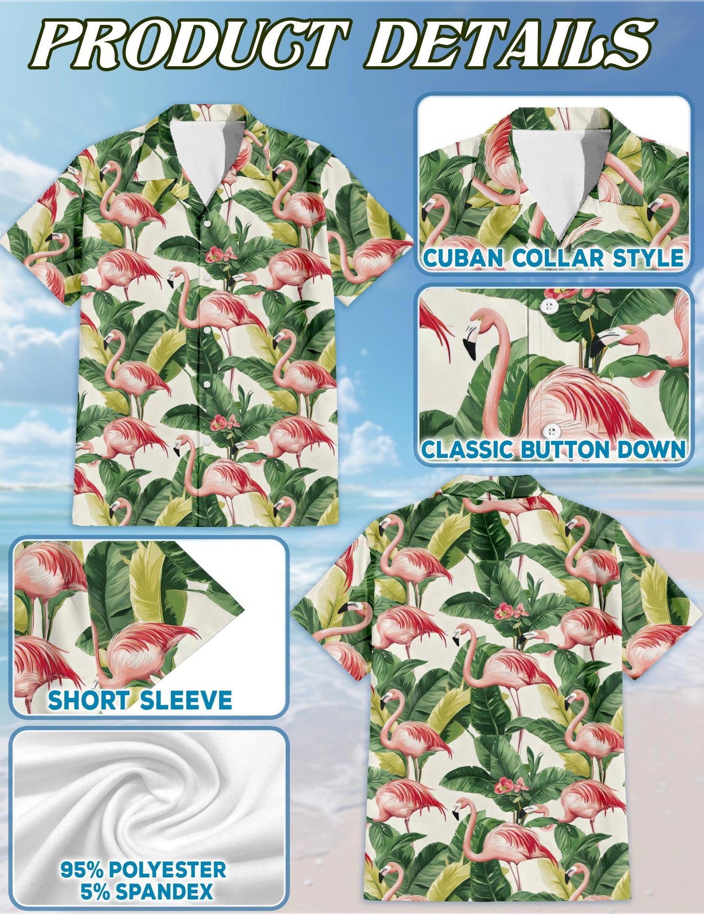 Netecom Flamingo Hawaiian Shirt for Men, Tropical Style, Button Down Summer Beach Short Sleeve, S-5XL