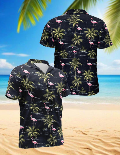Netecom Flamingo Island Hawaiian Shirt for Men, Tropical Style, Button Down Summer Beach Short Sleeve, S-5XL