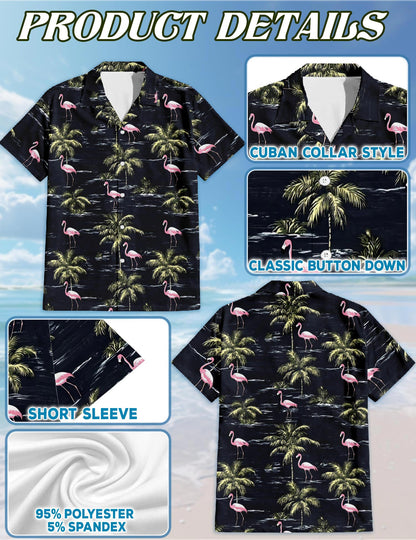Netecom Flamingo Island Hawaiian Shirt for Men, Tropical Style, Button Down Summer Beach Short Sleeve, S-5XL