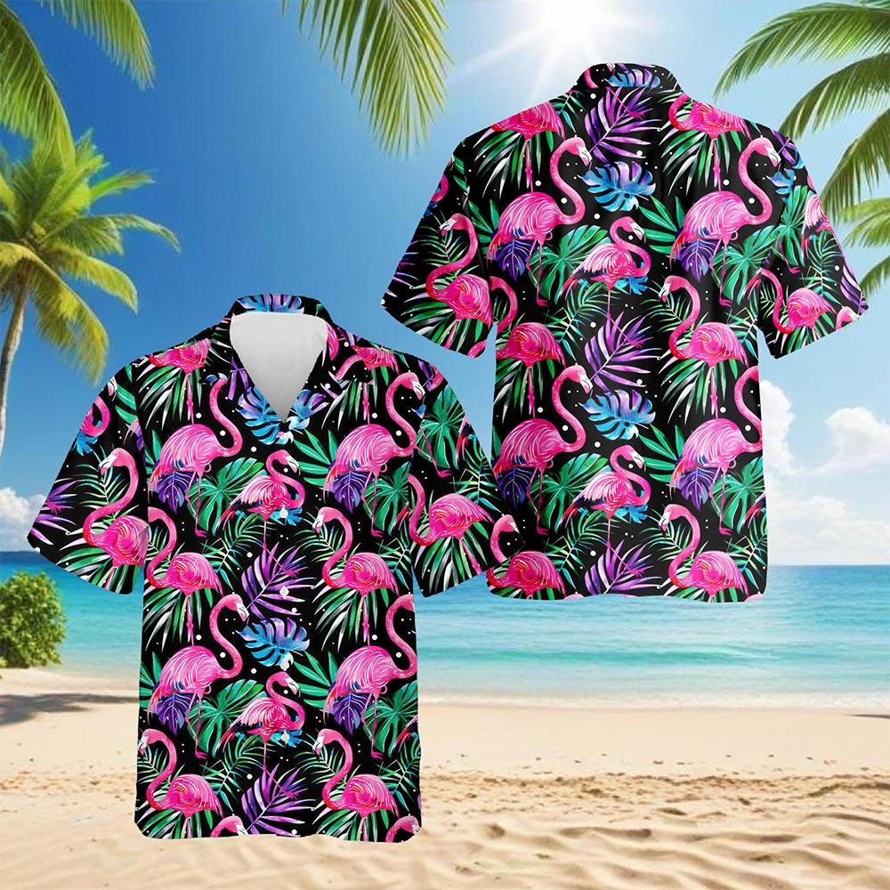 Netecom Flamingo Leaf Hawaiian Shirt for Men, Tropical Style, Button Down Summer Beach Short Sleeve, S-5XL