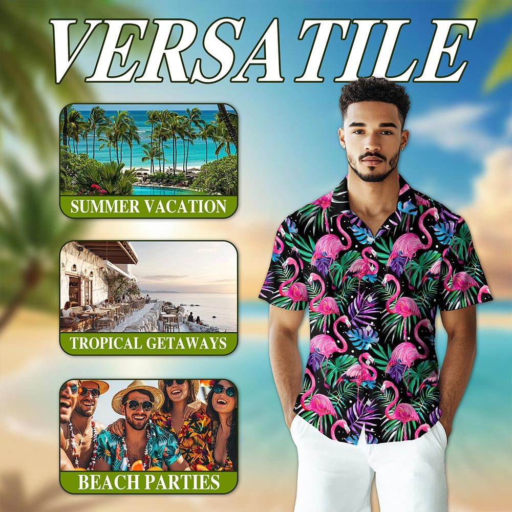 Netecom Flamingo Leaf Hawaiian Shirt for Men, Tropical Style, Button Down Summer Beach Short Sleeve, S-5XL