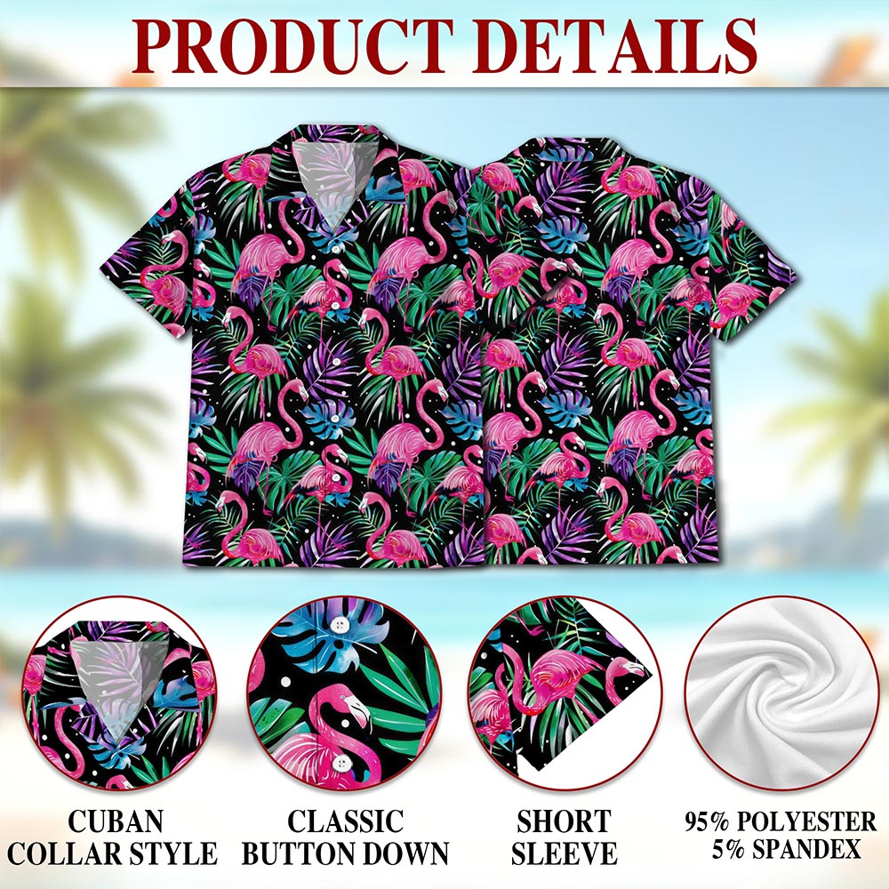 Netecom Flamingo Leaf Hawaiian Shirt for Men, Tropical Style, Button Down Summer Beach Short Sleeve, S-5XL