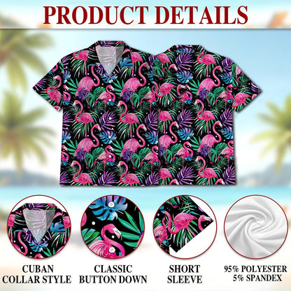 Netecom Flamingo Leaf Hawaiian Shirt for Men, Tropical Style, Button Down Summer Beach Short Sleeve, S-5XL