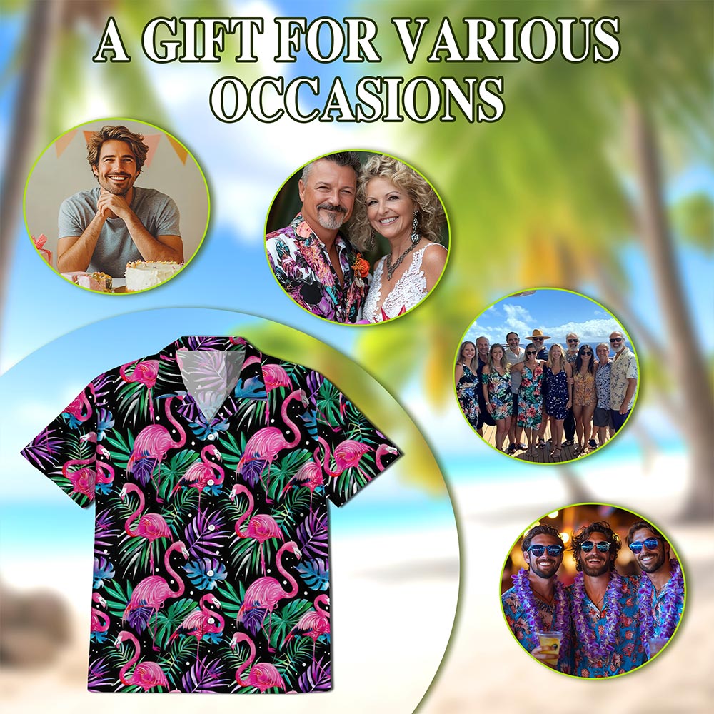 Netecom Flamingo Leaf Hawaiian Shirt for Men, Tropical Style, Button Down Summer Beach Short Sleeve, S-5XL