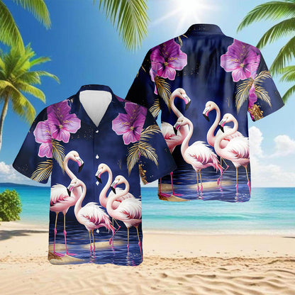 Netecom Flamingo Night Hawaiian Shirt for Men, Button Down Summer Beach Short Sleeve, Mystical Style, S-5XL