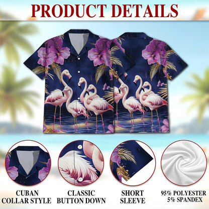 Netecom Flamingo Night Hawaiian Shirt for Men, Button Down Summer Beach Short Sleeve, Mystical Style, S-5XL