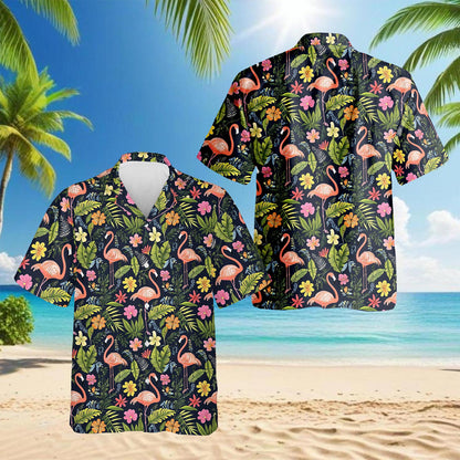 Netecom Flamingo Retreat Hawaiian Shirt for Men, Button Down Summer Beach Short Sleeve, Tropical Style, S-5XL