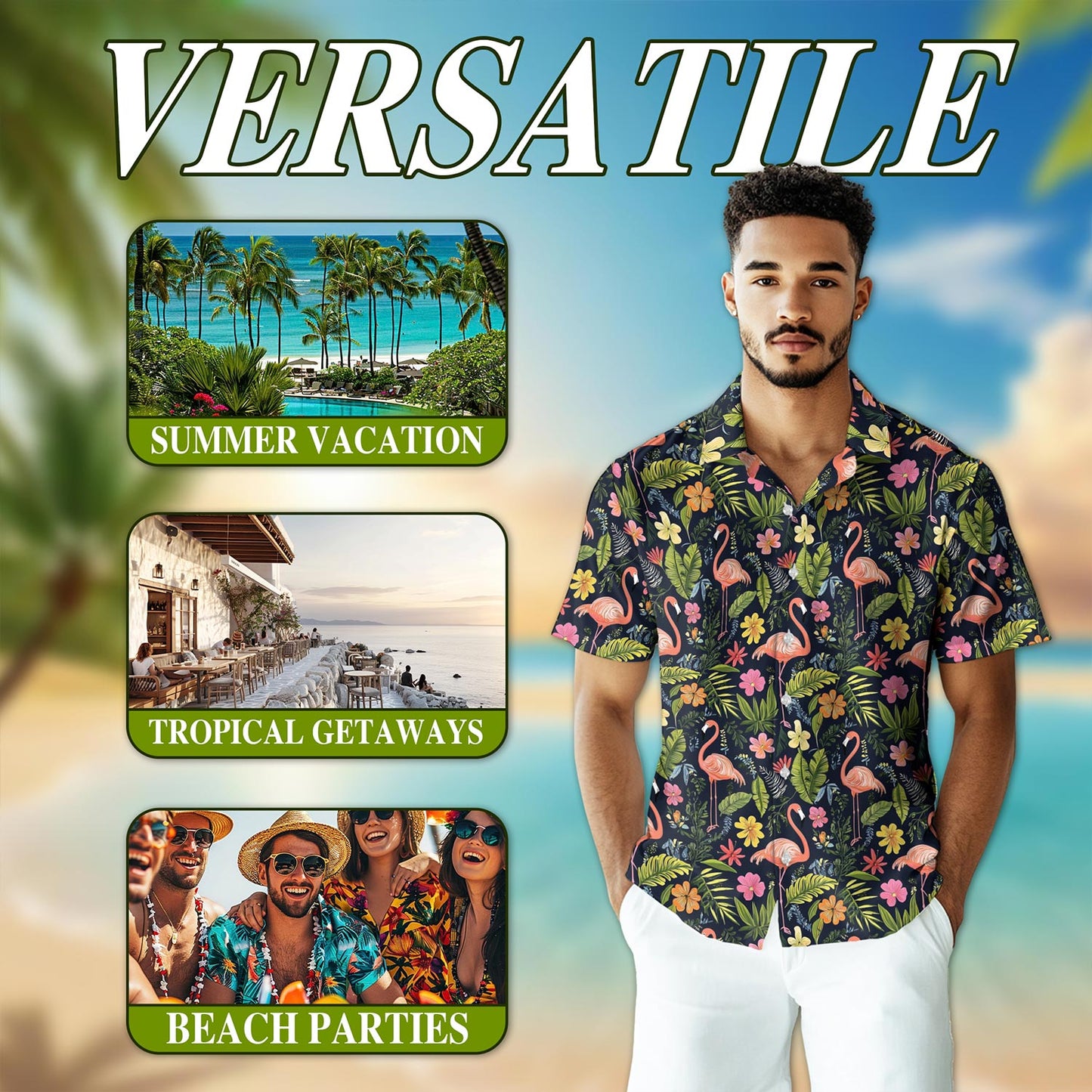 Netecom Flamingo Retreat Hawaiian Shirt for Men, Button Down Summer Beach Short Sleeve, Tropical Style, S-5XL