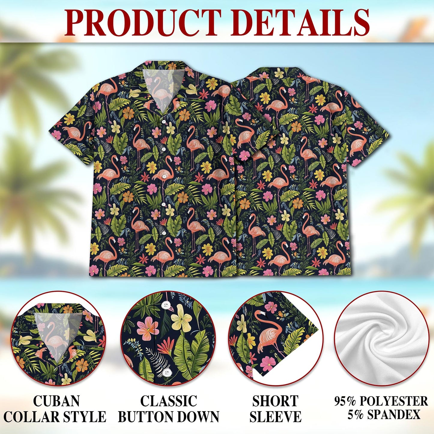 Netecom Flamingo Retreat Hawaiian Shirt for Men, Button Down Summer Beach Short Sleeve, Tropical Style, S-5XL