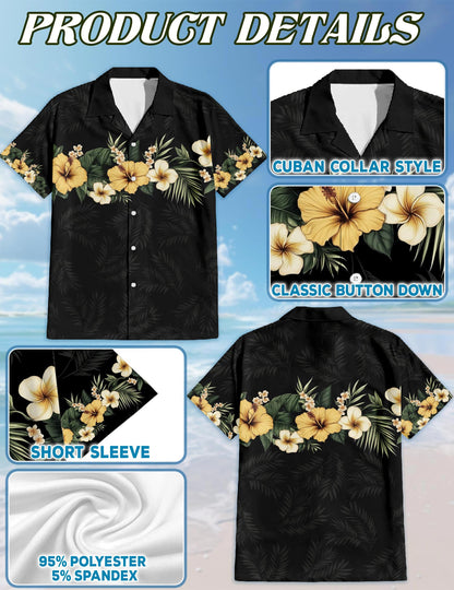 Netecom Floral Black Hawaiian Shirt for Men, Retro Style, Button Down Summer Beach Short Sleeve, S-5XL