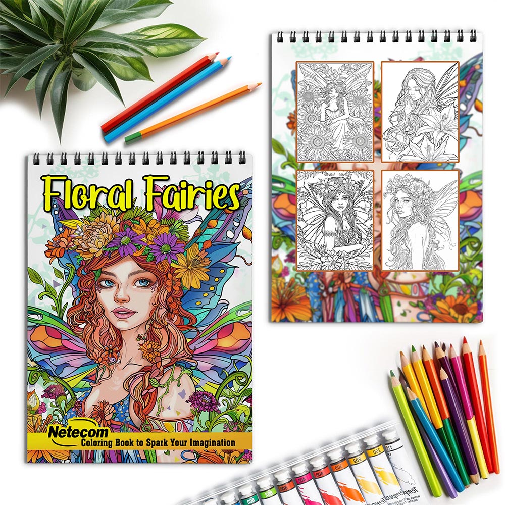 Netecom Floral Fairies Spiral Coloring Book for Adults