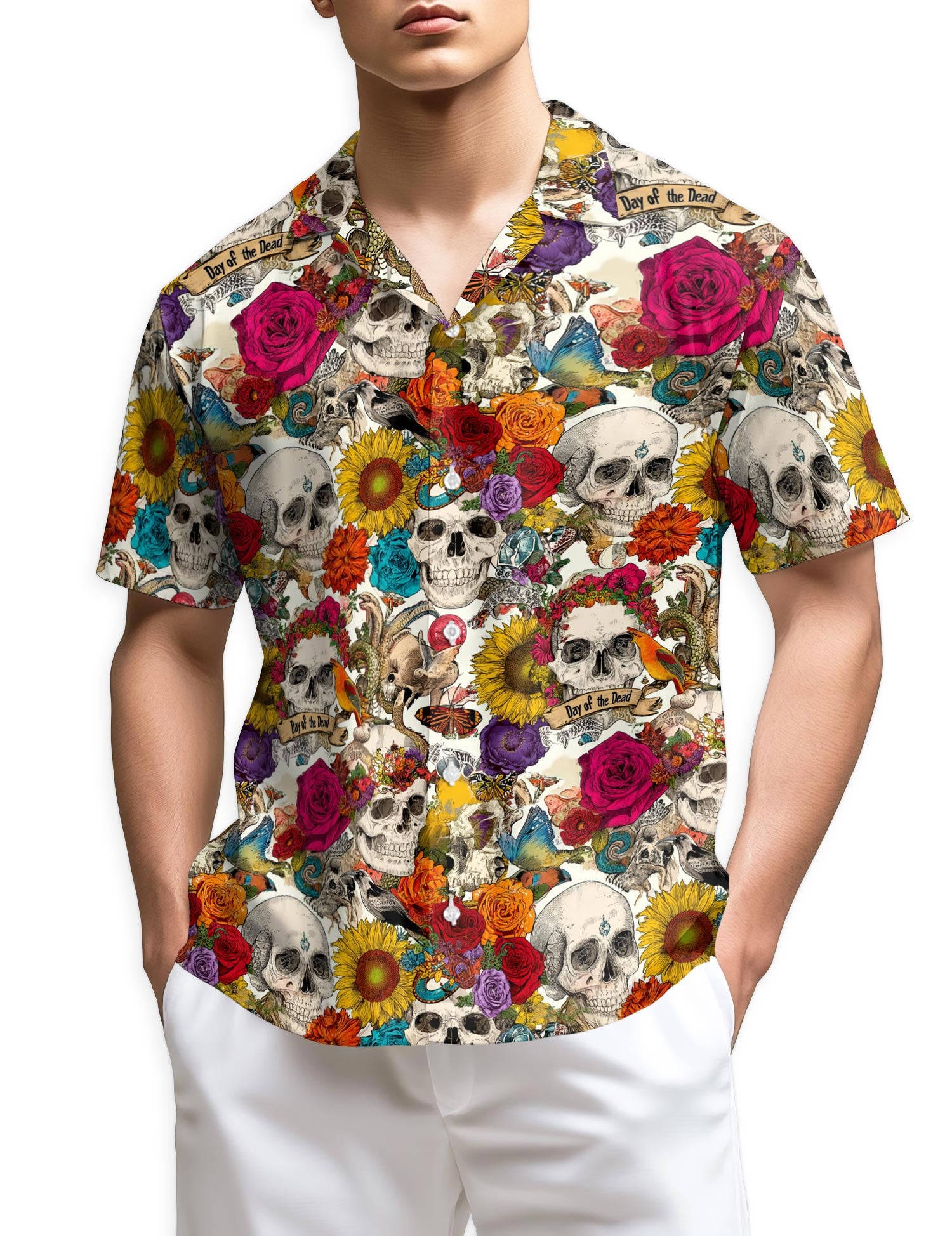 Netecom Floral Skull Day Of The Dead Hawaiian Shirt for Men