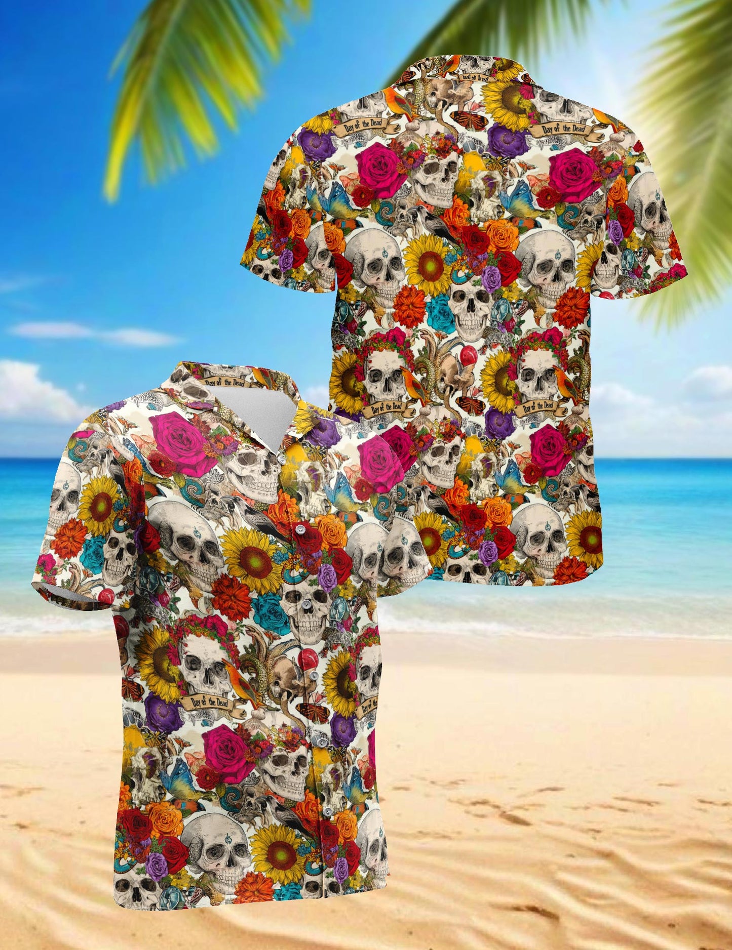 Netecom Floral Skull Day Of The Dead Hawaiian Shirt for Men, Tropical Button Down Summer Beach Short Sleeve Shirts, S-5XL