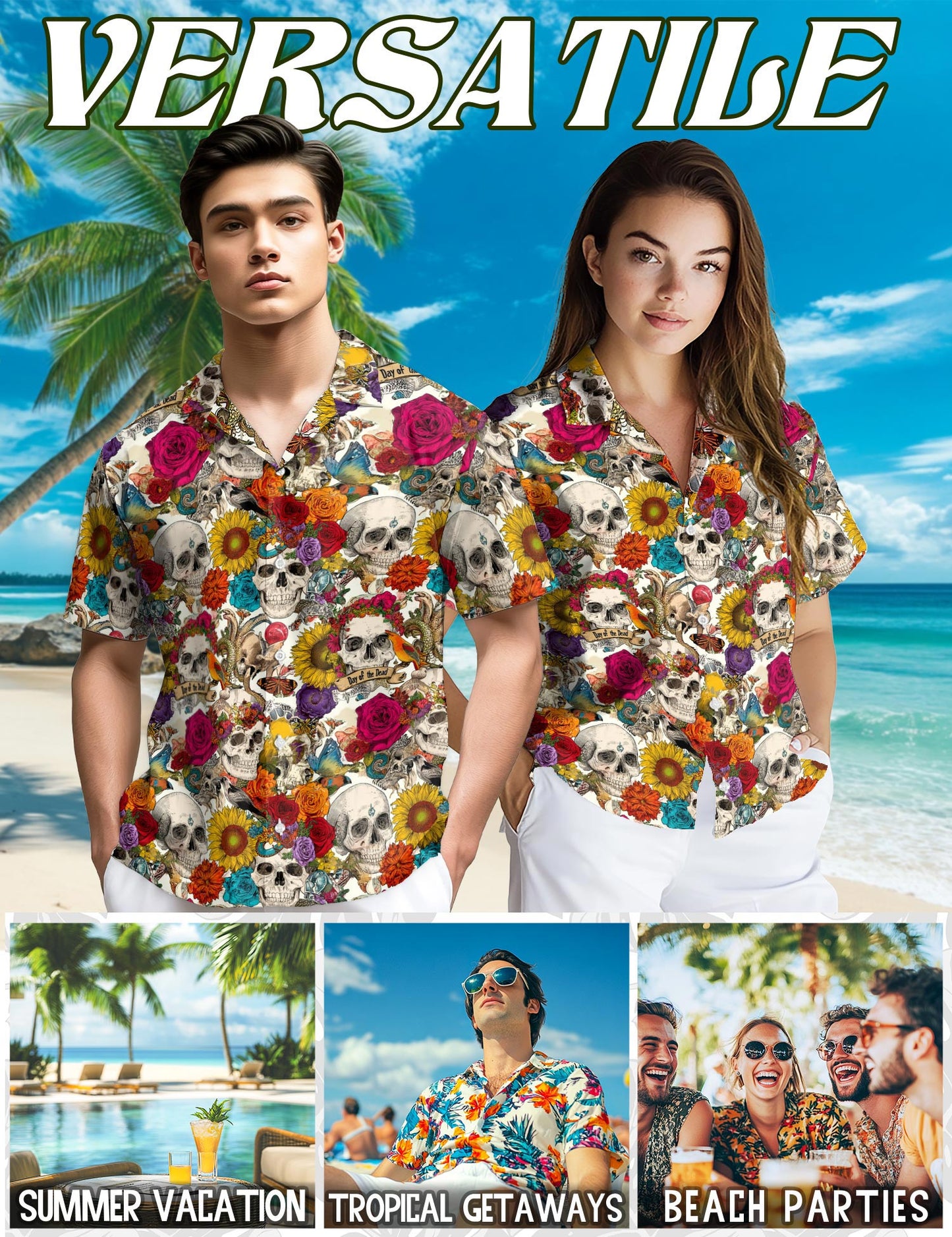 Netecom Floral Skull Day Of The Dead Hawaiian Shirt for Men, Tropical Button Down Summer Beach Short Sleeve Shirts, S-5XL