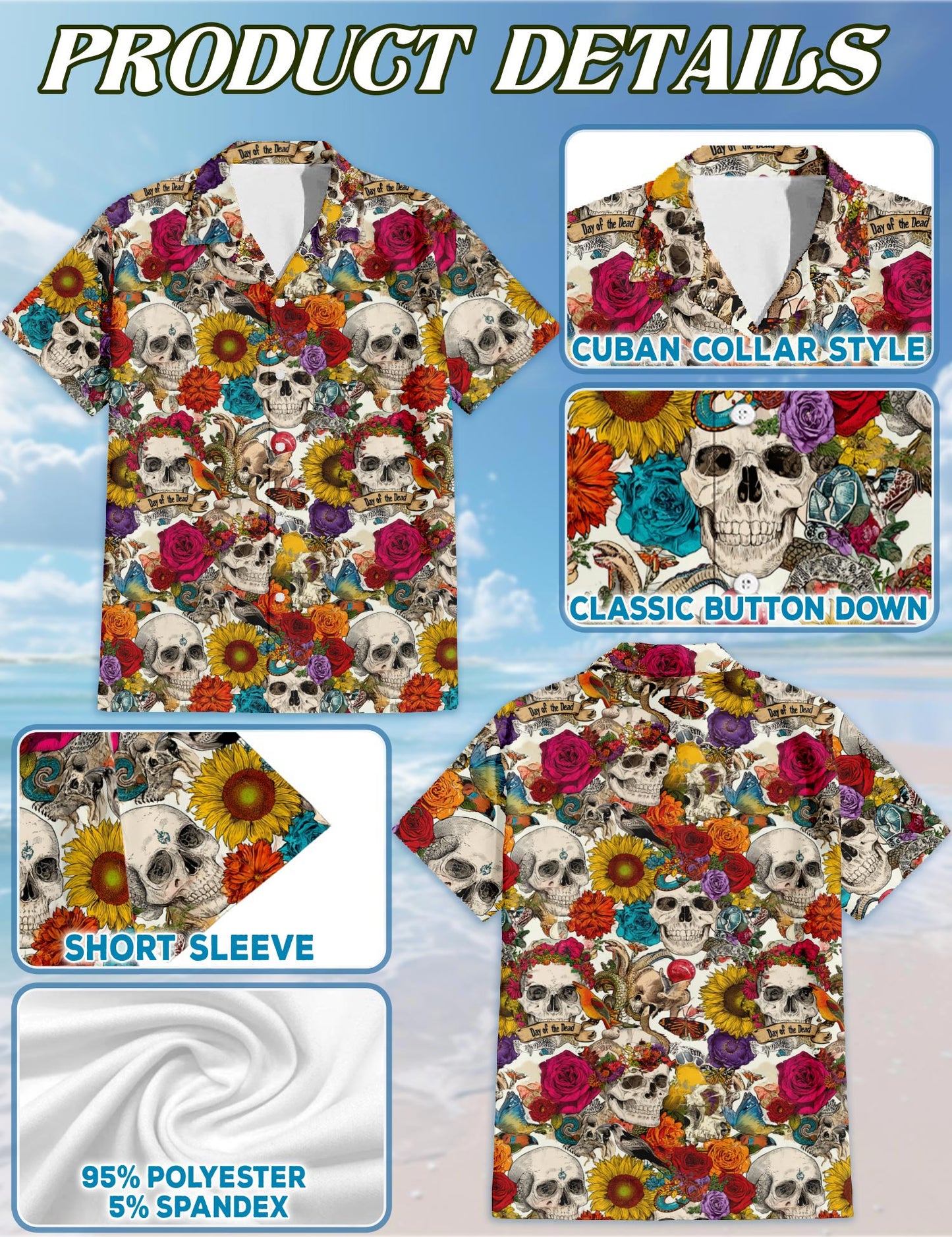 Netecom Floral Skull Day Of The Dead Hawaiian Shirt for Men, Tropical Button Down Summer Beach Short Sleeve Shirts, S-5XL