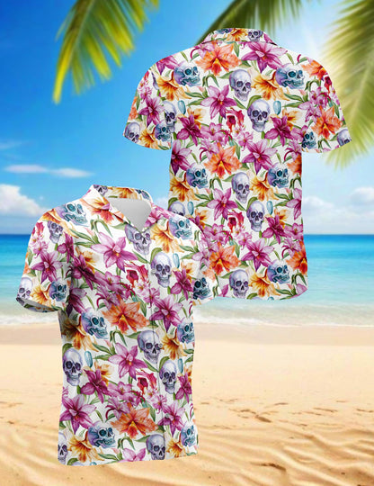 Netecom Floral Skull Hawaiian Shirt for Men, Tropical Style, Button Down Summer Beach Short Sleeve, S-5XL