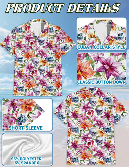 Netecom Floral Skull Hawaiian Shirt for Men, Tropical Style, Button Down Summer Beach Short Sleeve, S-5XL