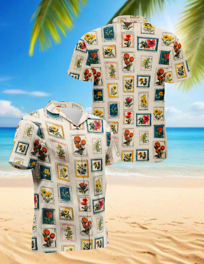 Netecom Floral Stamp Hawaiian Shirt for Men, Flower Lover Gifts, Tropical Summer Beach Button Down Short Sleeve Shirts, S-5XL