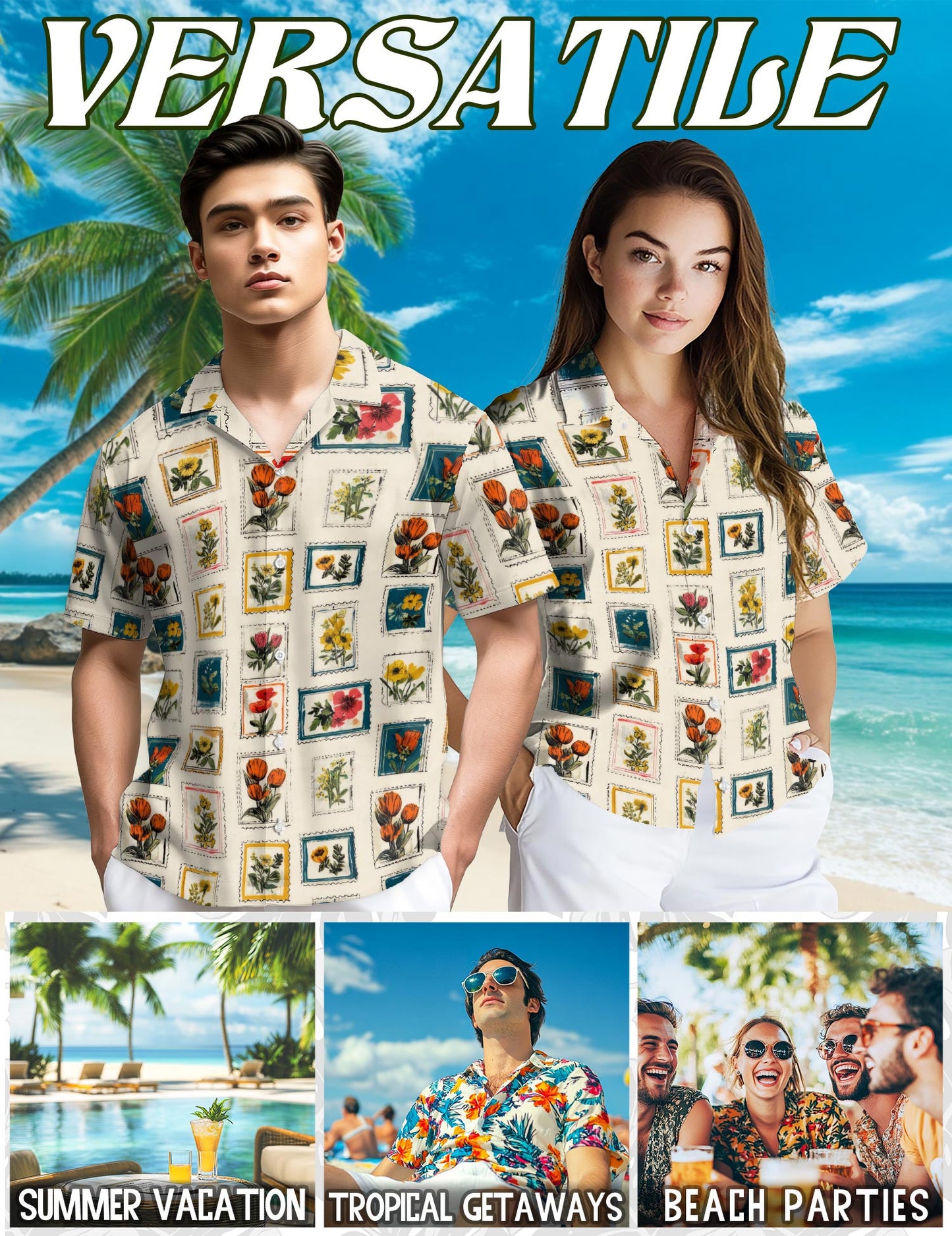 Netecom Floral Stamp Hawaiian Shirt for Men, Flower Lover Gifts, Tropical Summer Beach Button Down Short Sleeve Shirts, S-5XL