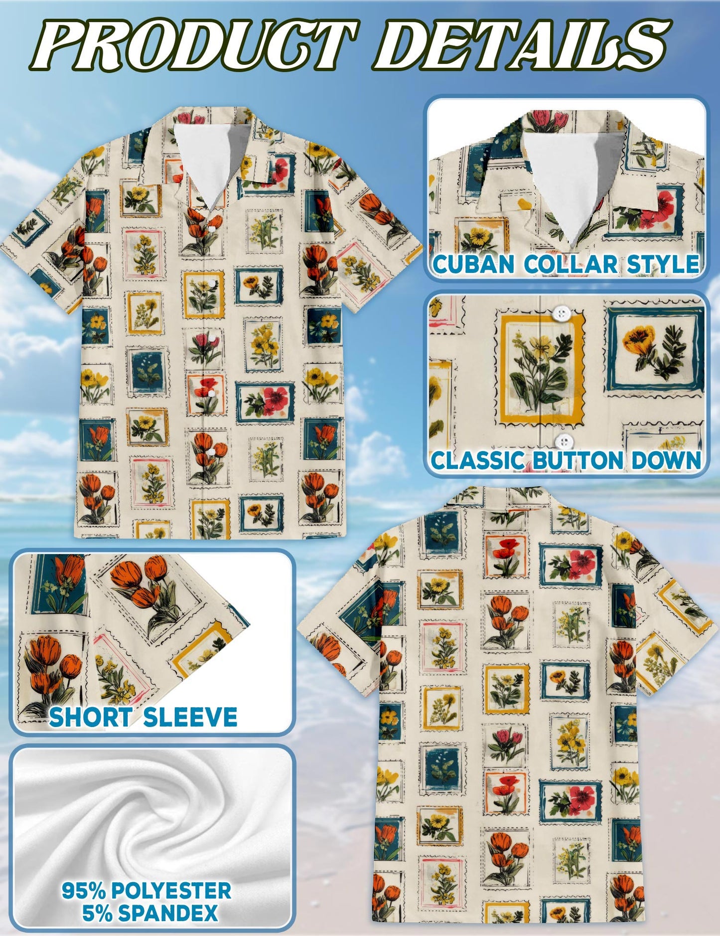 Netecom Floral Stamp Hawaiian Shirt for Men, Flower Lover Gifts, Tropical Summer Beach Button Down Short Sleeve Shirts, S-5XL