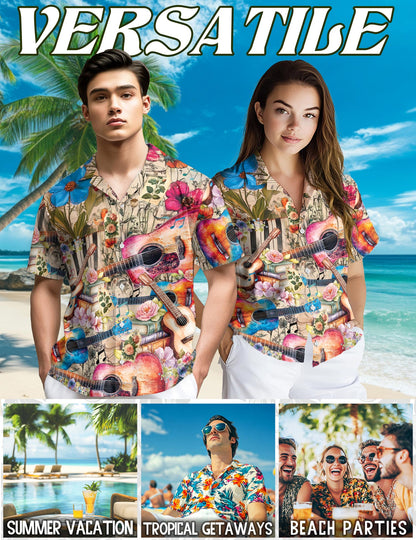 Netecom Flower Ukulele Hawaiian Shirt for Men, Vintage Style, Button Down Summer Beach Short Sleeve, S-5XL