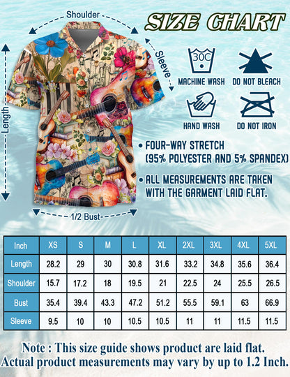 Netecom Flower Ukulele Hawaiian Shirt for Men, Vintage Style, Button Down Summer Beach Short Sleeve, S-5XL