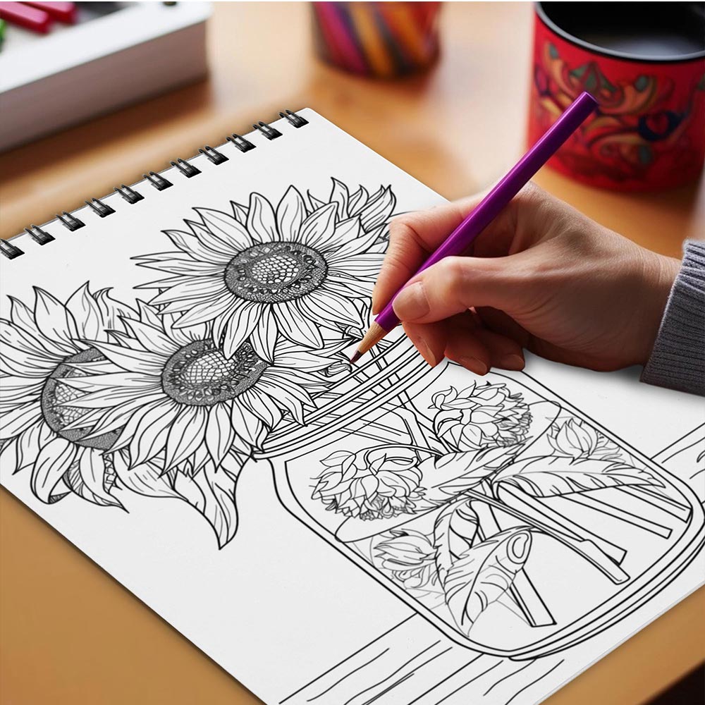 Netecom Flowers in Jar Coloring Book Spiral Bound for Adults