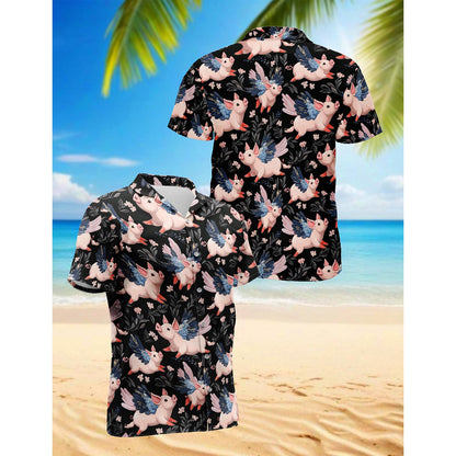 Netecom Flying Pig Hawaiian Shirt for Men, Button Down Summer Beach Short Sleeve, Pig Lover Gift, Sizes S-5XL