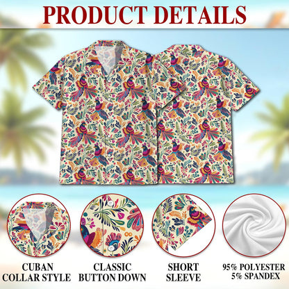 Netecom Folk Art Tropical Bird Hawaiian Shirt for Men, Button Down Summer Beach Short Sleeve, Folk Style, S-5XL