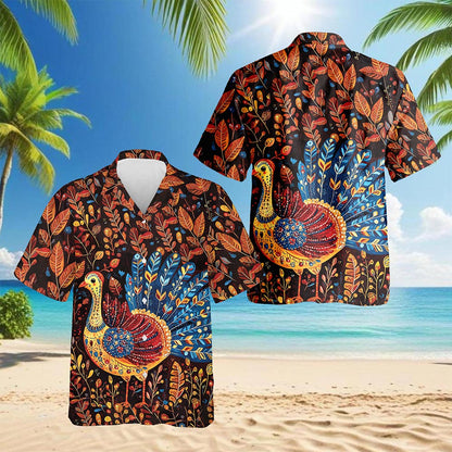 Netecom Folk Art Turkey Thanksgiving Hawaiian Shirt for Men, Button Down Summer Beach Short Sleeve, Vintage Style, S-5XL