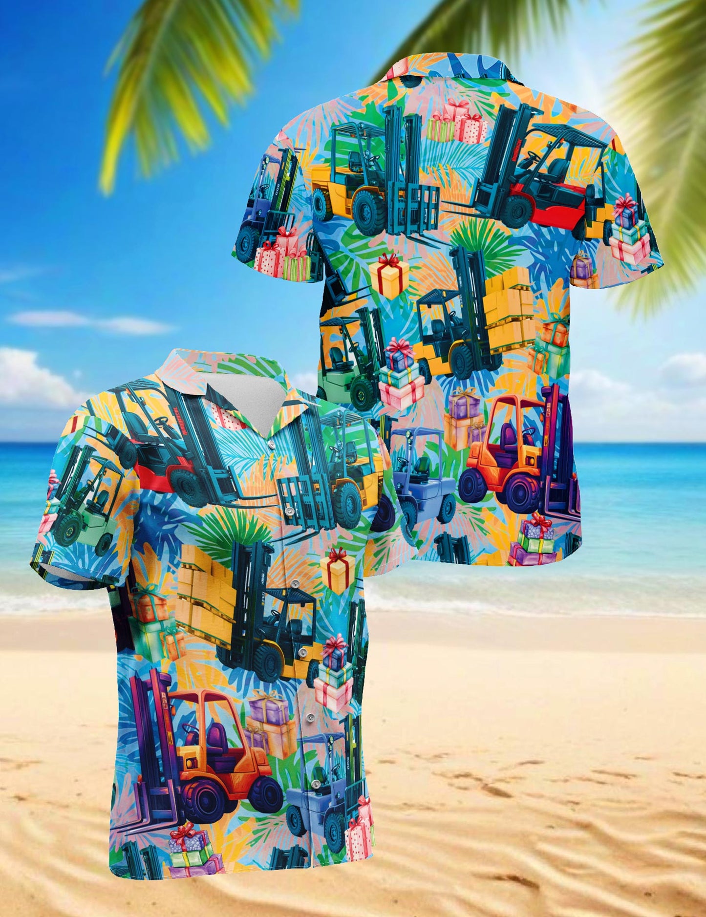 Netecom Forklift Hawaiian Shirt for Men, Funny Work Style, Button Down Summer Beach Short Sleeve, S-5XL