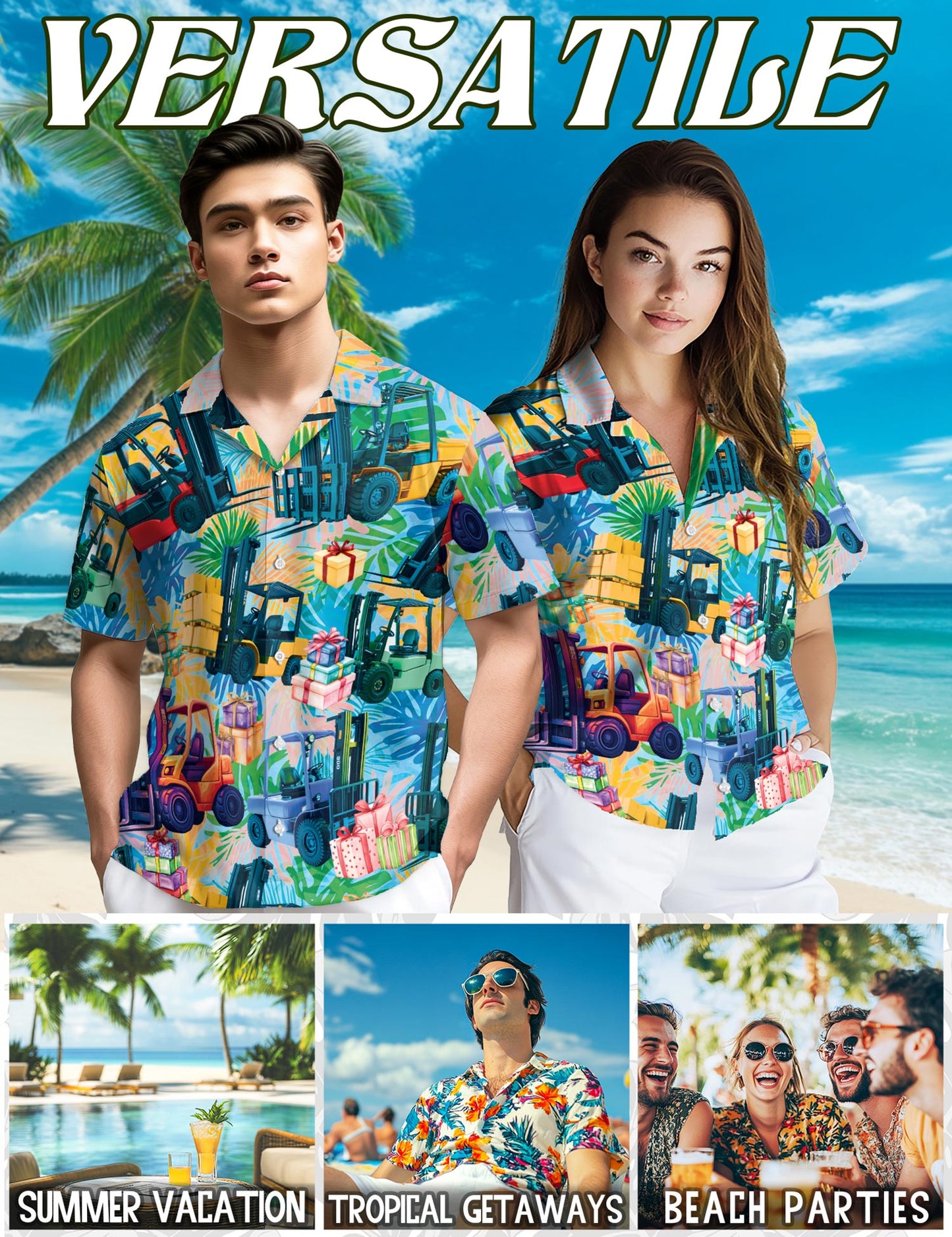Netecom Forklift Hawaiian Shirt for Men, Funny Work Style, Button Down Summer Beach Short Sleeve, S-5XL