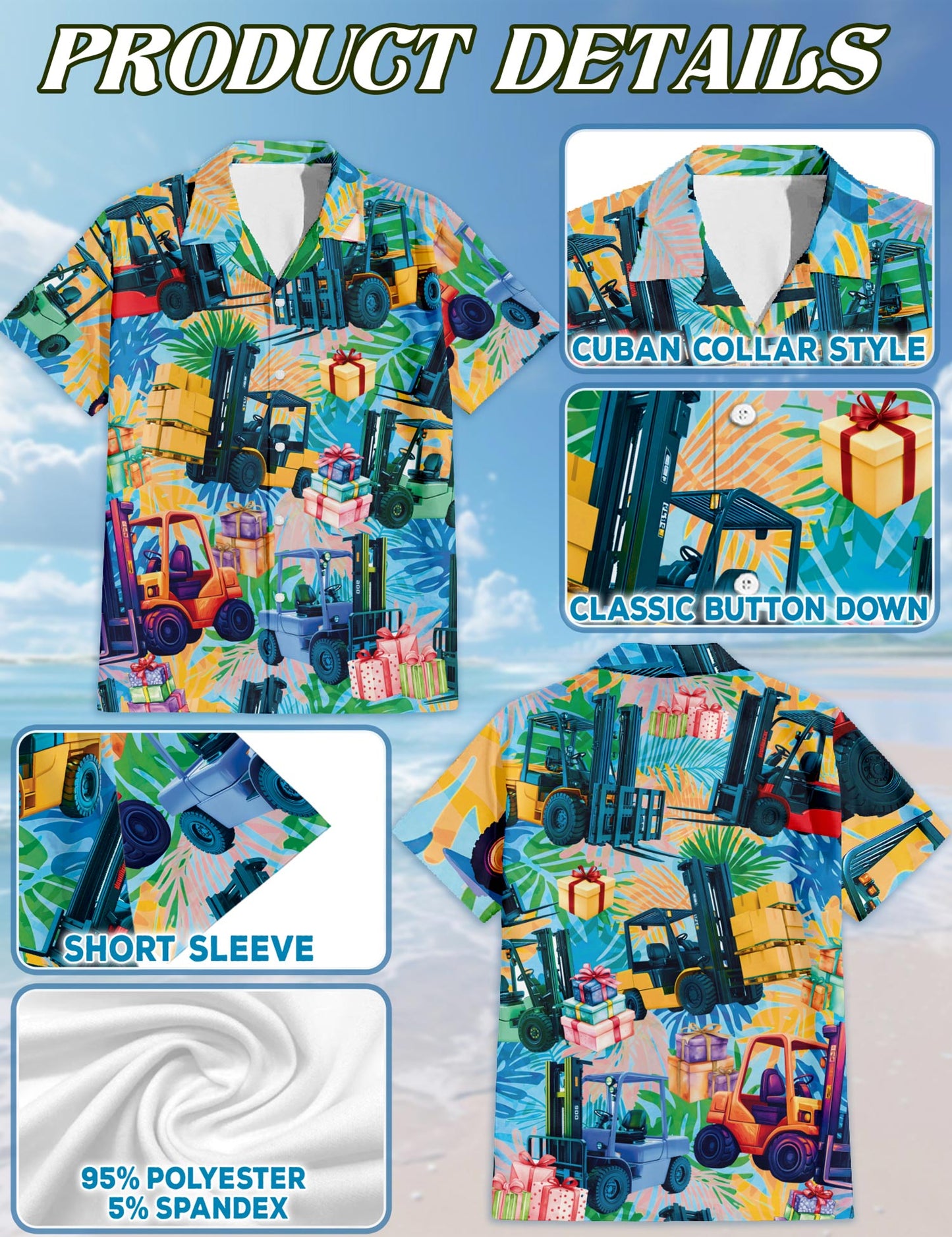 Netecom Forklift Hawaiian Shirt for Men, Funny Work Style, Button Down Summer Beach Short Sleeve, S-5XL