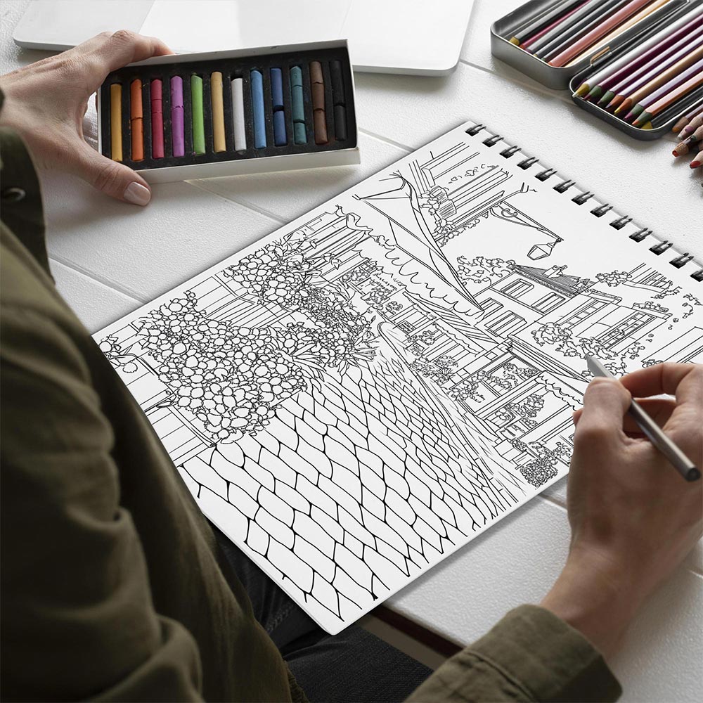 Netecom French Town Spiral Bound Coloring Book for Adults
