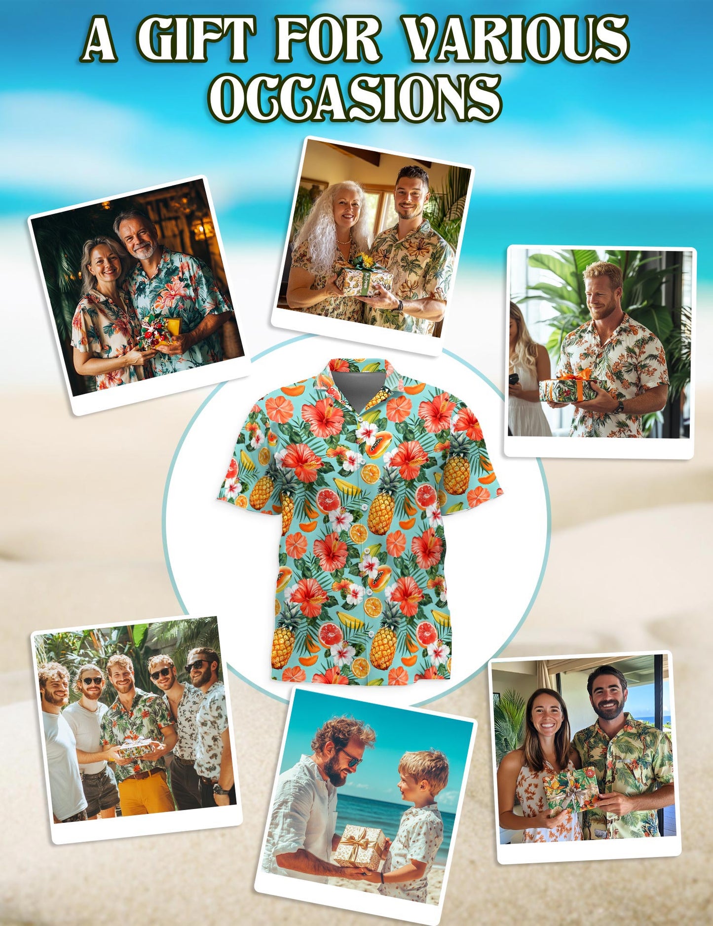 Netecom Fruits Pattern Hawaiian Shirt for Men, Tropical Style, Button Down Summer Beach Short Sleeve, S-5XL
