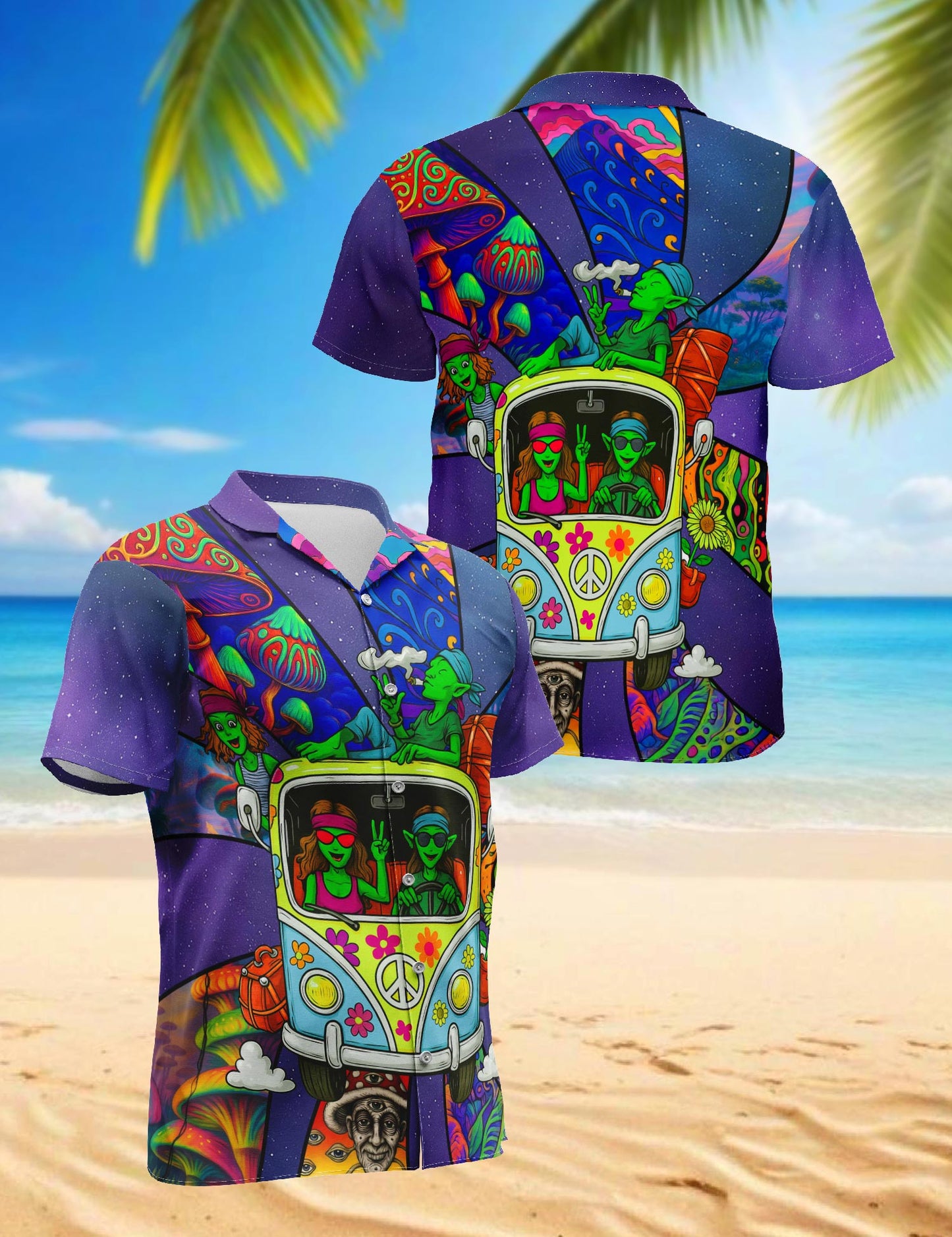 Netecom Funky Hippie Alien Hawaiian Shirt for Men, Alien Lover Gifts, Tropical Button Down Summer Aloha Beach Shirts, S-5XL