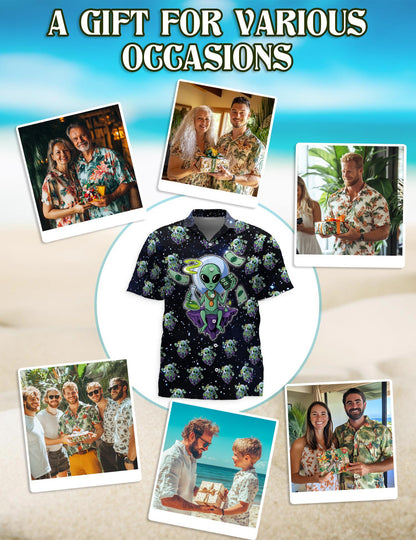 Netecom Funny Alien Hawaiian Shirt for Men, Button Down Summer Beach Short Sleeve, Sizes S-5XL