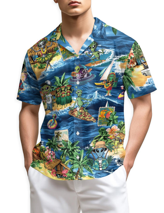 Netecom Funny Alien Surfing Hawaiian Shirt for Men